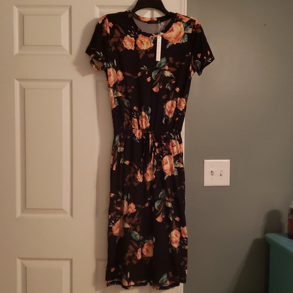 Womens Floral Midi Dress - Adjustable Waist Line